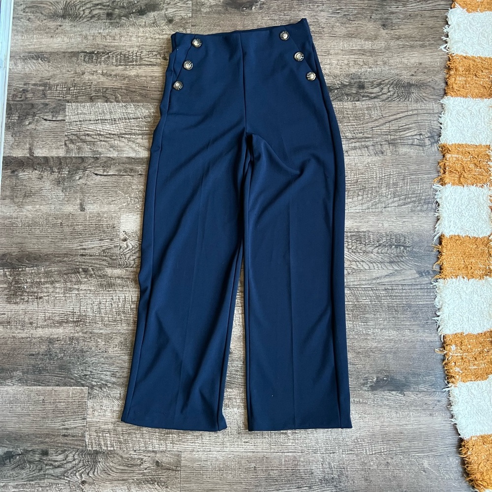 Elegant Navy Wide-Leg Pants with Button Detail